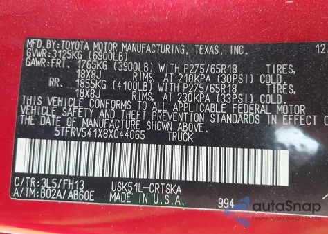 2008 Toyota Tundra Sr5 5.7L V8 from USA, damaged, VIN 5TFRV541X8X044065